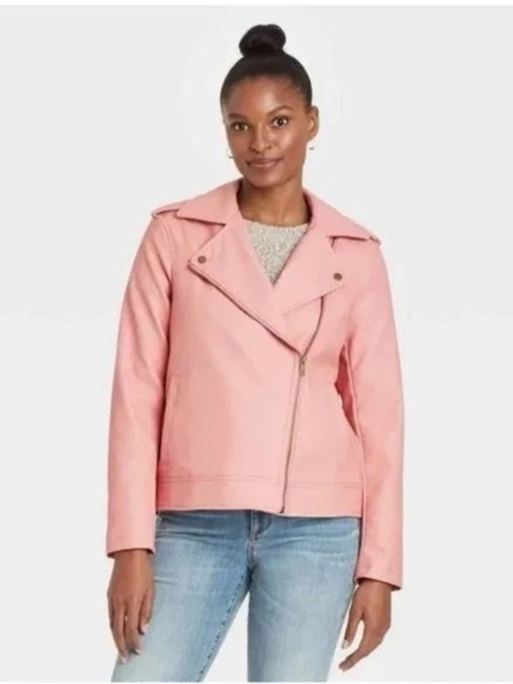 Universal Thread Faux Leather Moto Jacket M Pink Vegan Biker Coat Asymmetric Zip